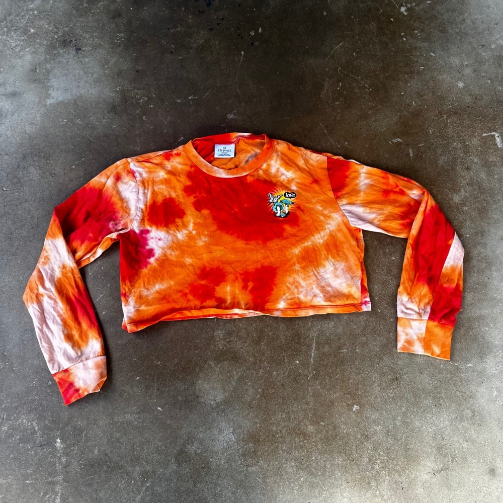Empyre Crop Top Womens Medium Orange Tie Dye Mushroom Butterfly Graphic